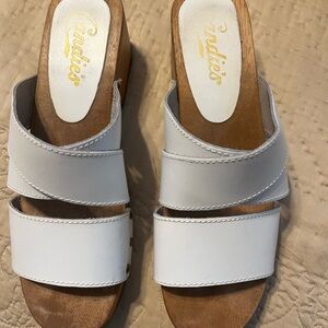 Candie's White Double Strap Wood-Effect Slide Mules